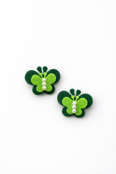 Set Of 2 Butterfly and Pearl Alligator Clip- Green