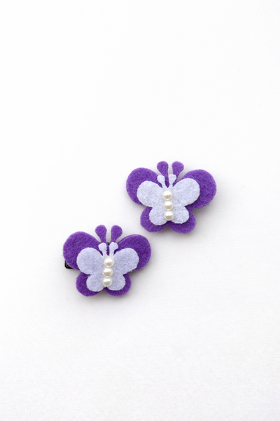Set Of 2 Butterfly and Pearl Alligator Clip- Purple
