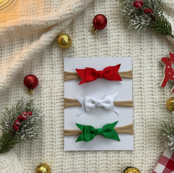 Set of 3 Ribbon Christmas Bows Trio Headbands- Red, White, Green