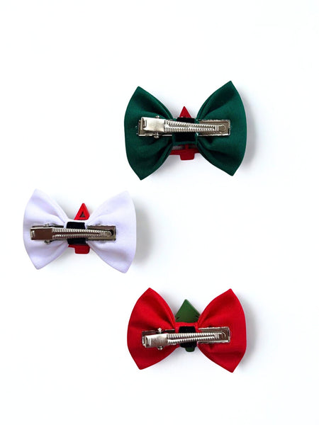 Set of 3 Christmas Tree Bows Alligator Clip- Red, White, Green