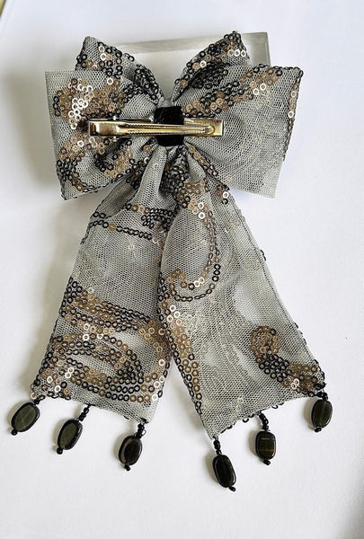 Party Wear Designer Pearl Bow Alligator clip- Grey