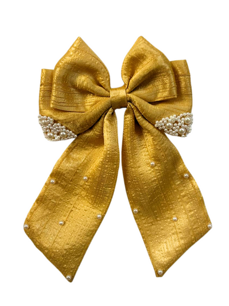 Valentine Pearl Embellished Sailor Bow Alligator Clip- Golden