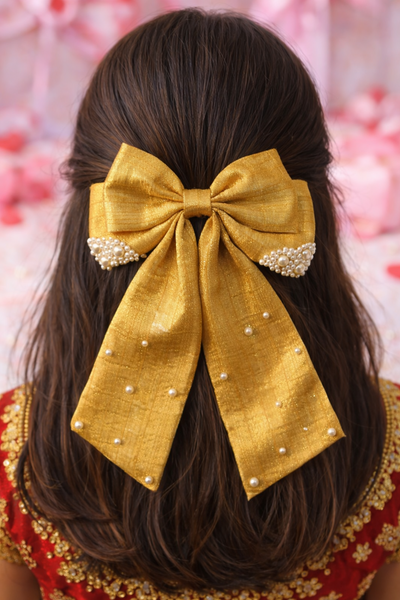 Valentine Pearl Embellished Sailor Bow Alligator Clip- Golden