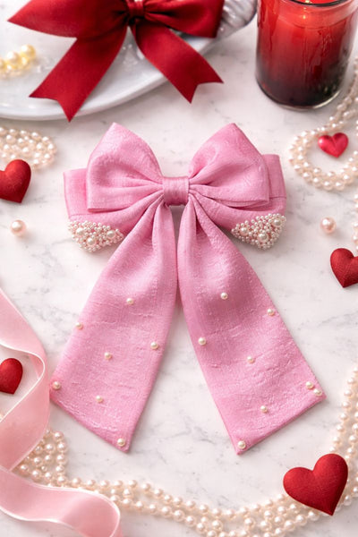 Valentine Pearl Embellished Sailor Bow Alligator Clip- Pink