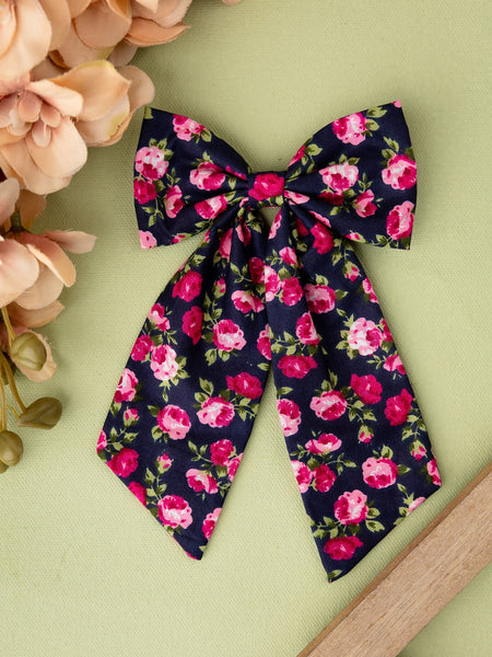 Oversized Floral Sailor Bow Alligator Hair Clip- Black & Pink