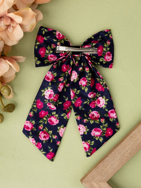 Oversized Floral Sailor Bow Alligator Hair Clip- Black & Pink