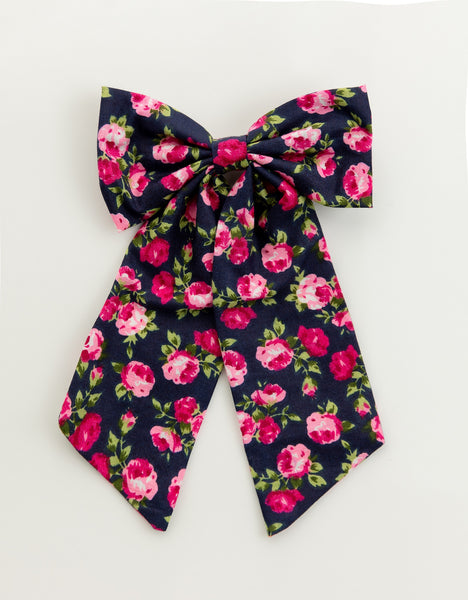 Oversized Floral Sailor Bow Alligator Hair Clip- Black & Pink