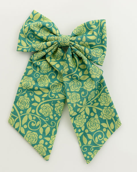 Oversized Floral Sailor Bow Alligator Hair Clip- Forest Green