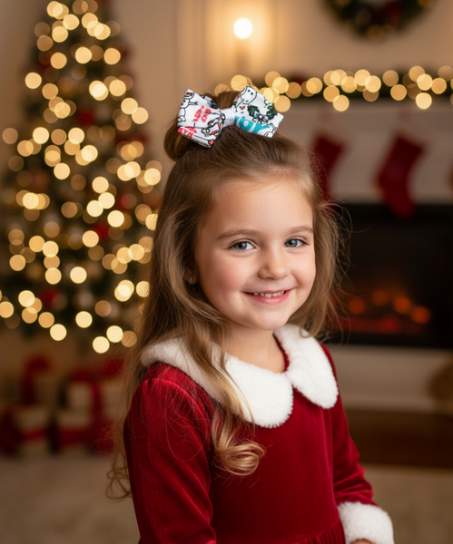 Colorful Printed Christmas Bow Alligator Clip- White