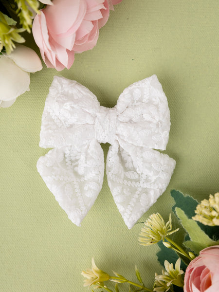 Floral Embroidered Tulle Sailor Bow Alligator Hair Clip - White