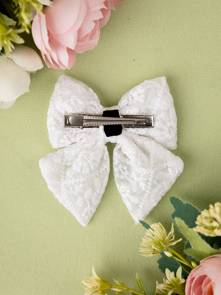 Floral Embroidered Tulle Sailor Bow Alligator Hair Clip - White