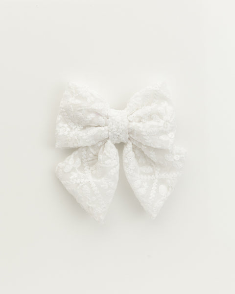Floral Embroidered Tulle Sailor Bow Alligator Hair Clip - White