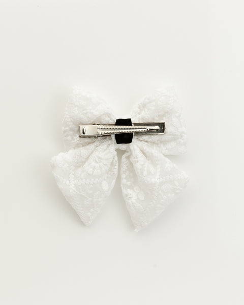 Floral Embroidered Tulle Sailor Bow Alligator Hair Clip - White