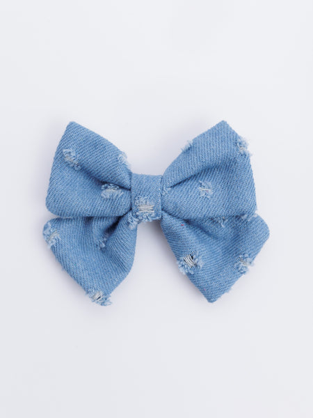 Ripped Denim Alligator Bow Hair Clip- Blue