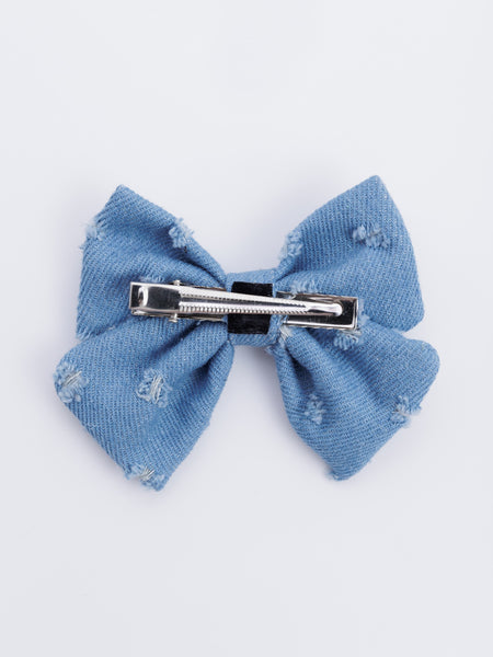 Ripped Denim Alligator Bow Hair Clip- Blue