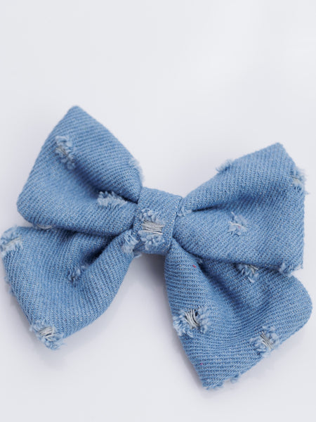 Ripped Denim Alligator Bow Hair Clip- Blue