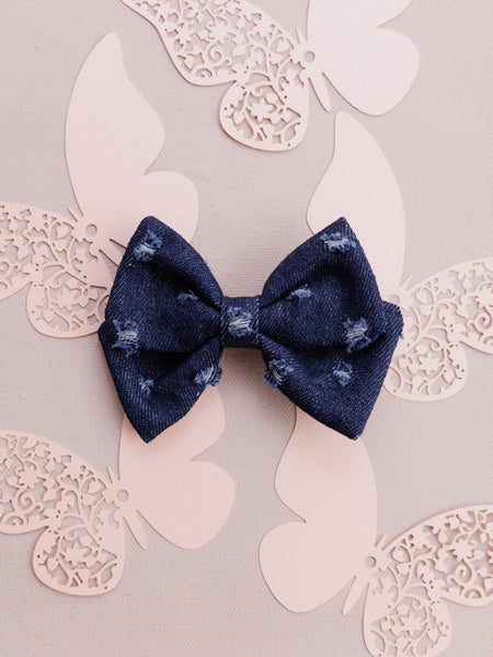 Ripped Denim Alligator Bow Hair Clip- Dark Blue