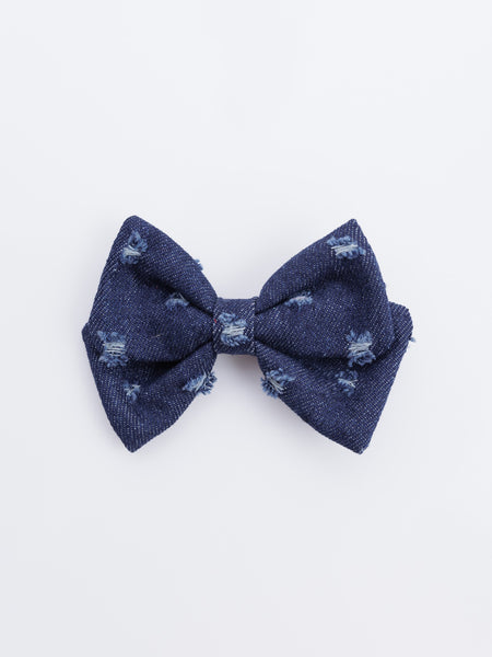 Ripped Denim Alligator Bow Hair Clip- Dark Blue