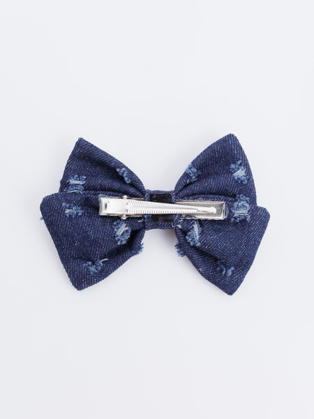 Ripped Denim Alligator Bow Hair Clip- Dark Blue