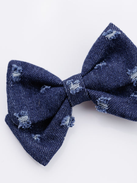 Ripped Denim Alligator Bow Hair Clip- Dark Blue
