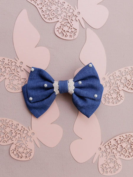 Lace and Pearl Embellished Denim Alligator Bow Hair Clip- Blue