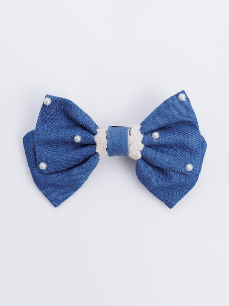 Lace and Pearl Embellished Denim Alligator Bow Hair Clip- Blue