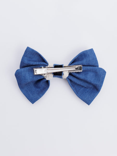 Lace and Pearl Embellished Denim Alligator Bow Hair Clip- Blue
