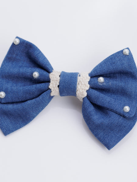Lace and Pearl Embellished Denim Alligator Bow Hair Clip- Blue