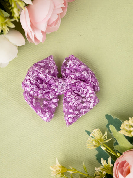Floral Embroidered Tulle Sailor Bow Alligator Hair Clip - Lilac