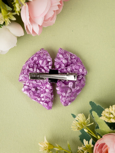 Floral Embroidered Tulle Sailor Bow Alligator Hair Clip - Lilac