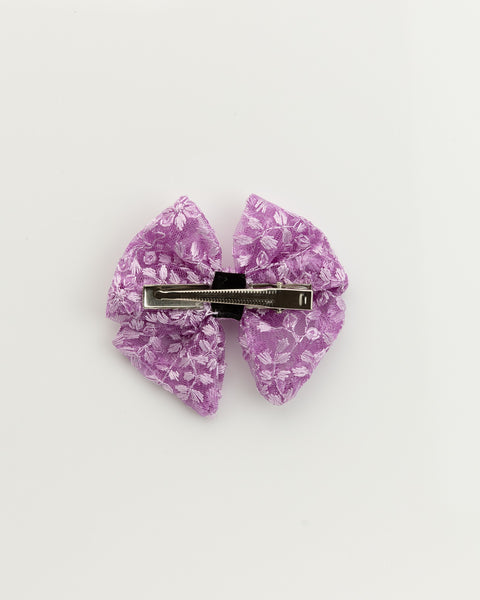 Floral Embroidered Tulle Sailor Bow Alligator Hair Clip - Lilac