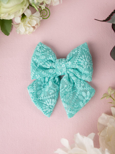 Floral Embroidered Tulle Sailor Bow Alligator Hair Clip - Turquoise
