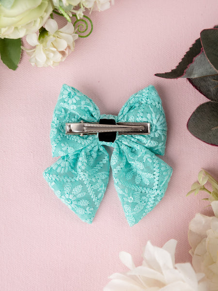 Floral Embroidered Tulle Sailor Bow Alligator Hair Clip - Turquoise