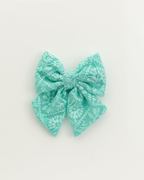 Floral Embroidered Tulle Sailor Bow Alligator Hair Clip - Turquoise
