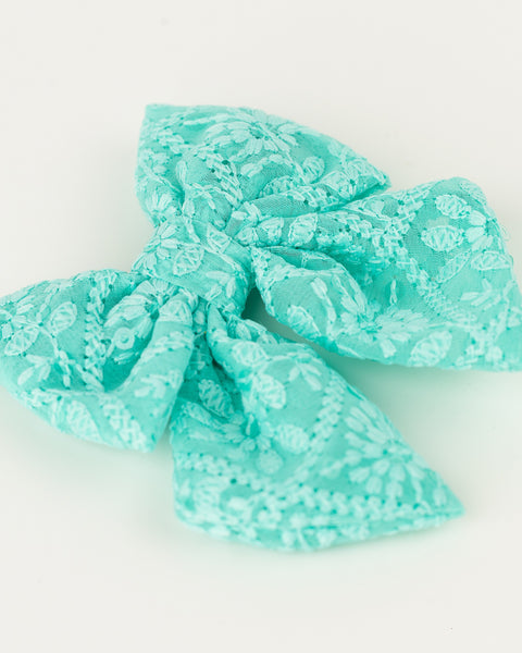 Floral Embroidered Tulle Sailor Bow Alligator Hair Clip - Turquoise