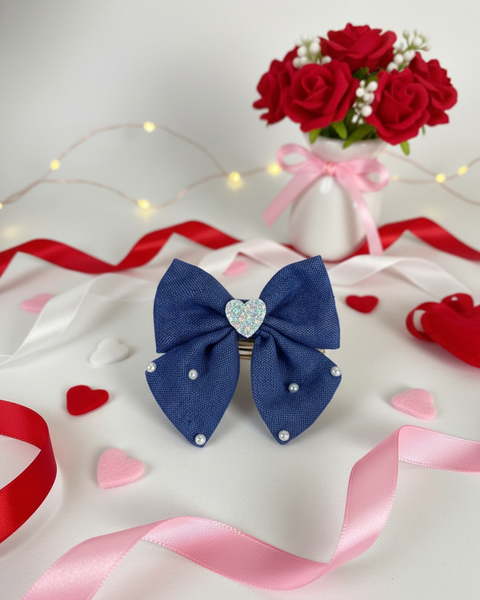 Heart and Pearl Embellished Bow Alligator Clip- Blue
