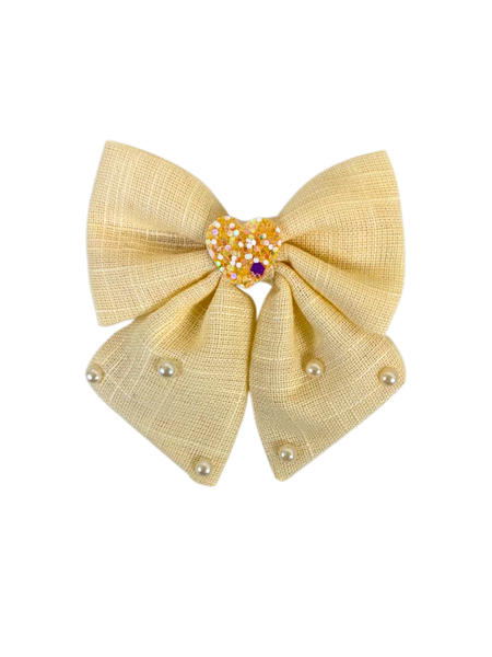 Heart and Pearl Embellished Bow Alligator Clip- Off White