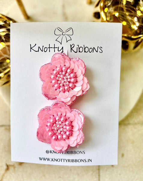 Set of 2 Beaded Floral Lace Hair Clips - Pink