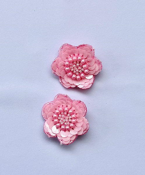 Set of 2 Beaded Floral Lace Hair Clips - Pink