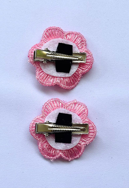 Set of 2 Beaded Floral Lace Hair Clips - Pink