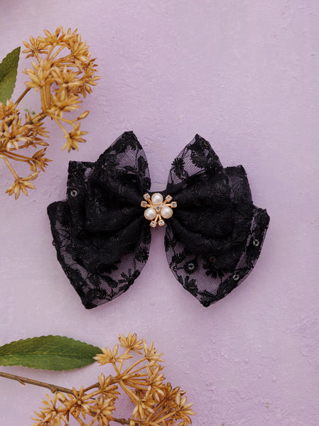 Bloom Lace Alligator Clip Hair Bow with Embellished Center- Black