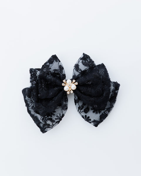 Bloom Lace Alligator Clip Hair Bow with Embellished Center- Black
