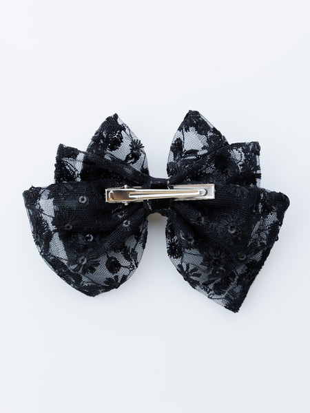 Bloom Lace Alligator Clip Hair Bow with Embellished Center- Black