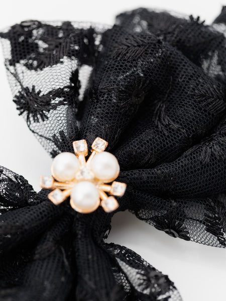 Bloom Lace Alligator Clip Hair Bow with Embellished Center- Black