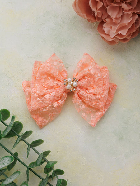 Bloom Lace Alligator Clip Hair Bow with Embellished Center- Peach