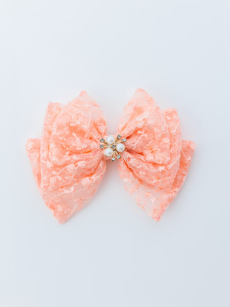 Bloom Lace Alligator Clip Hair Bow with Embellished Center- Peach