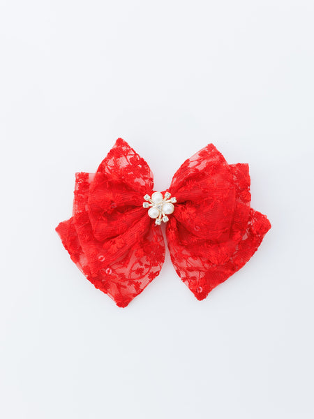 Bloom Lace Alligator Clip Hair Bow with Embellished Center- Red
