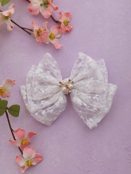 Bloom Lace Alligator Clip Hair Bow with Embellished Center- White