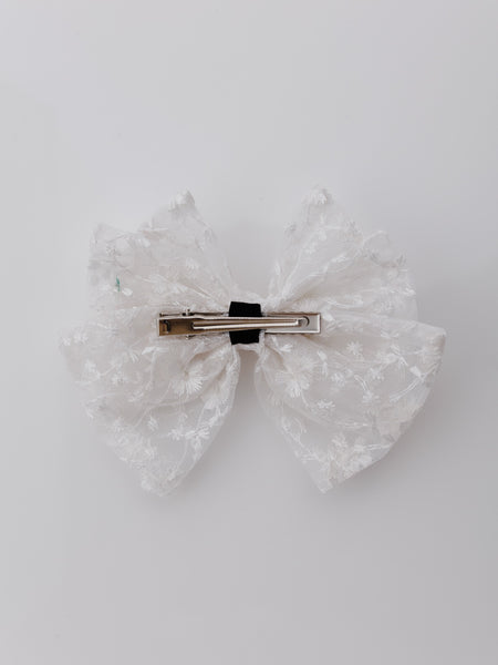 Bloom Lace Alligator Clip Hair Bow with Embellished Center- White