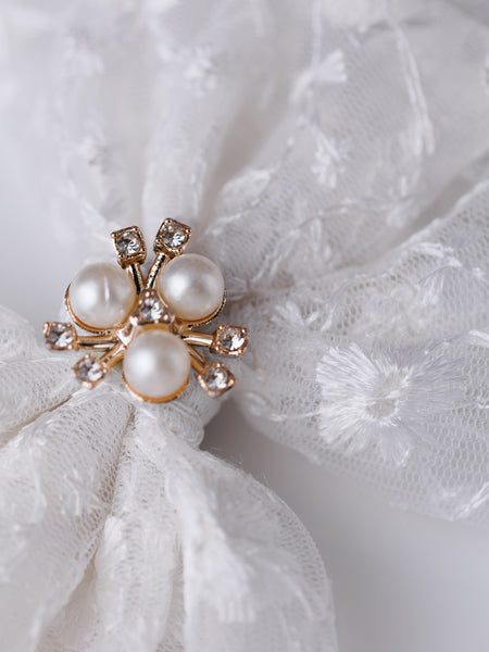 Bloom Lace Alligator Clip Hair Bow with Embellished Center- White